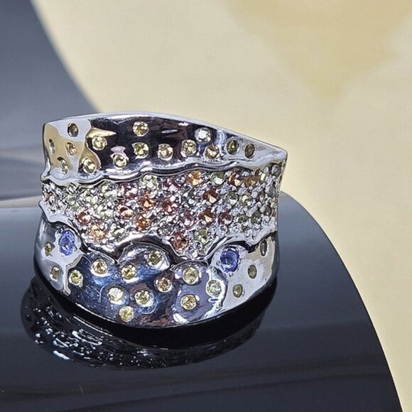 925 Sterling‎ Silver Ring Siz 7.5 with Natural Yellow Sapphire & Tanzanite Gems - Picture 3 of 10